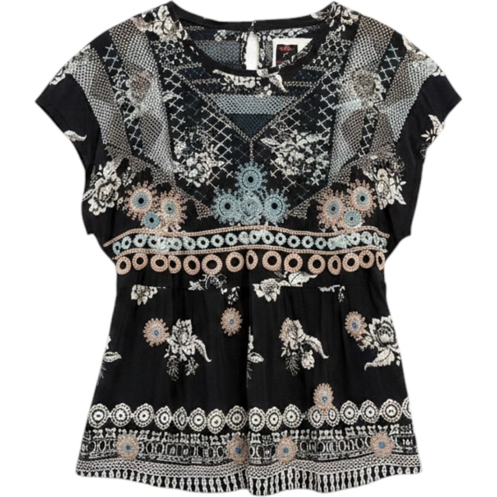 Johnny Was Biya Silk Embroidered Blouse Large‎ Black Floral Tie Back Boho Tunic